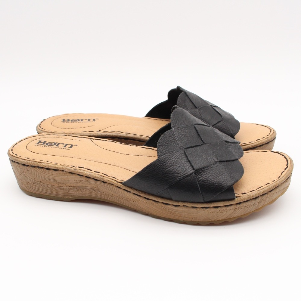 Born Aleah Womens Size 7M Black Leather Slip On Sandals Shoes